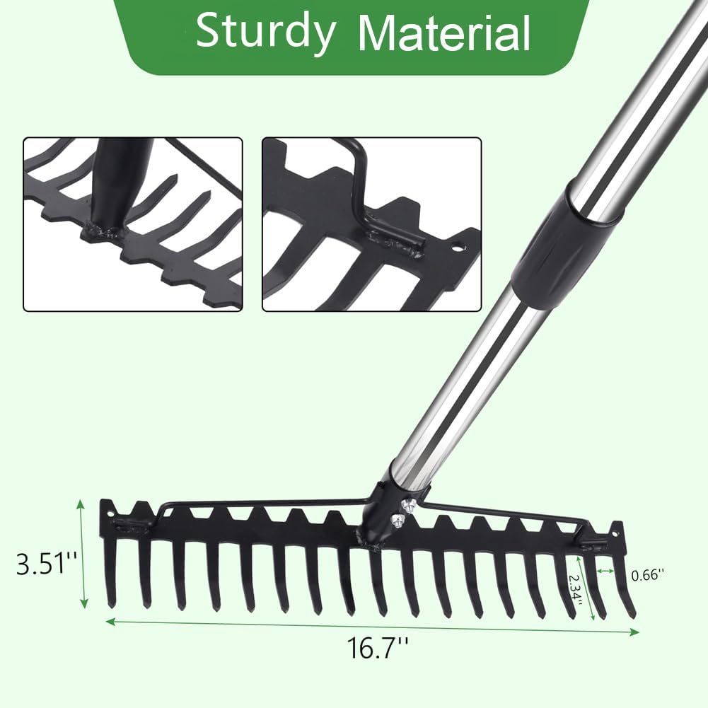 Garden-Rake, 62-Inch Metal Bow Rakes for Leaves Lawns Heavy Duty, 17 Steel Tines Metal Head Rake Tool