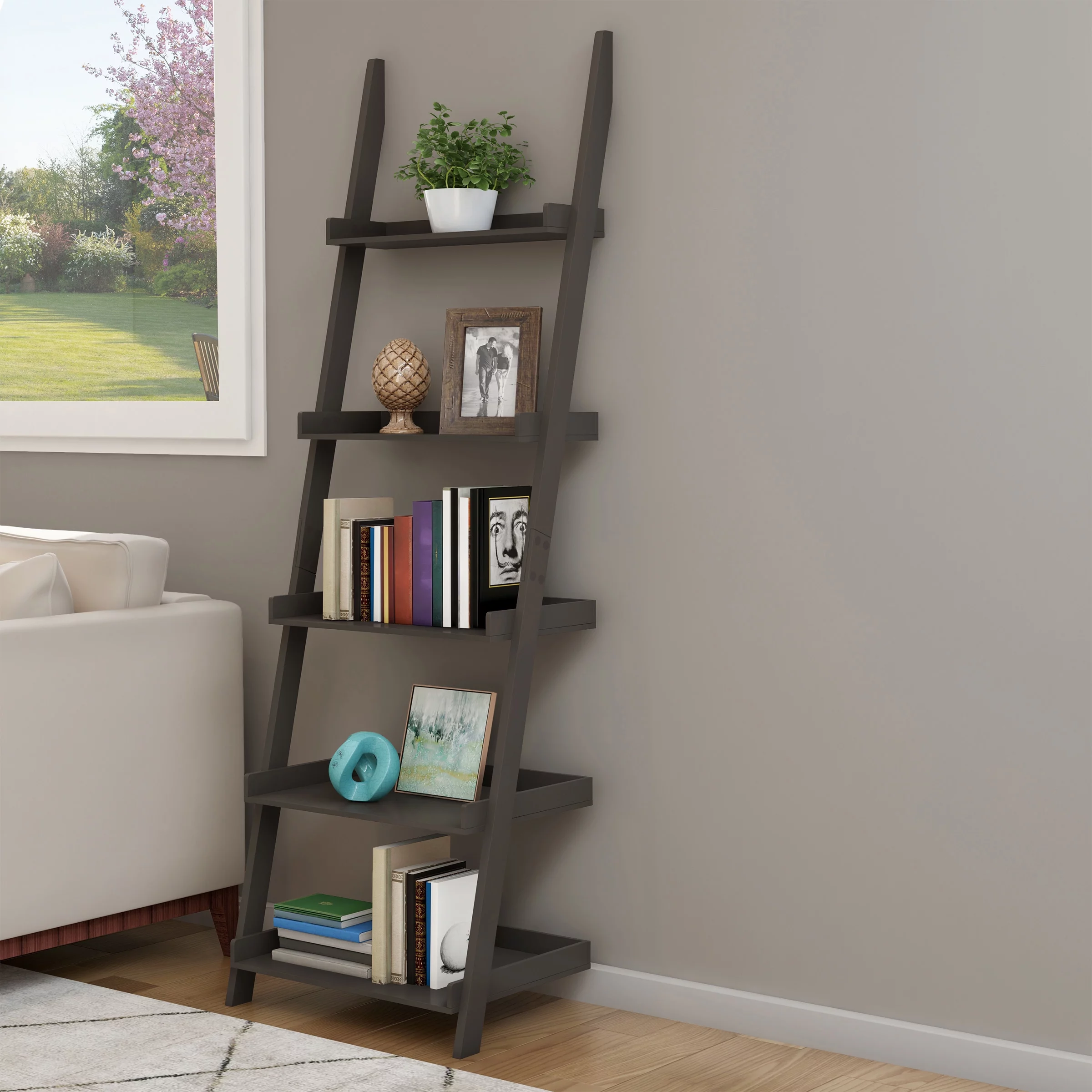 Ladder Bookshelf- 5 Tier Leaning Decorative Shelves for Display-Slate Gray Shelf Stand-Living Room Bathroom & Kitchen Shelving by Lavish Home