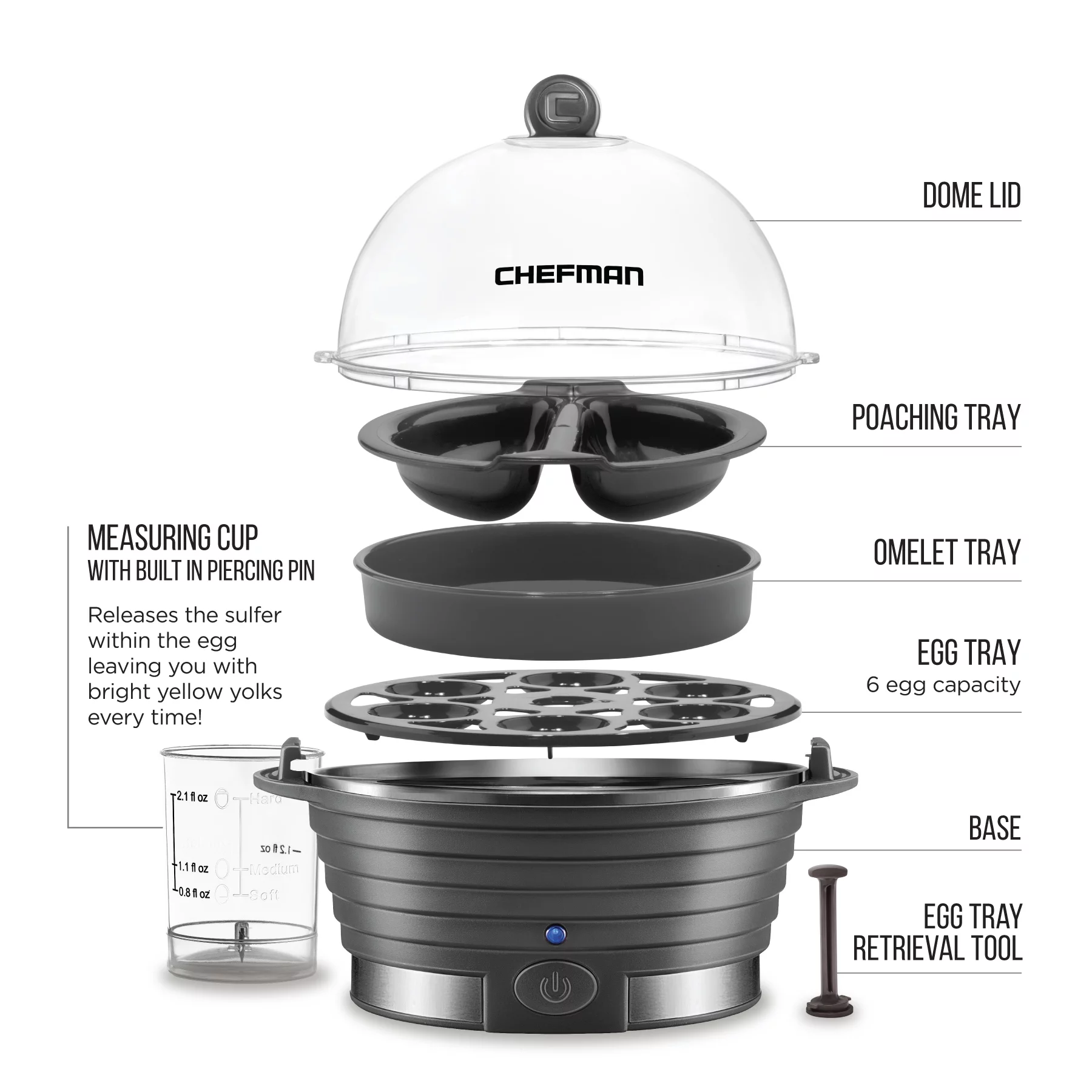 Chefman Electric Rapid Egg Cooker, Holds 6 Eggs, Poaching & Omelet Tray - Grey, New