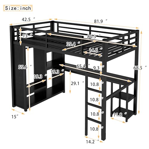 SOFTSEA Twin XL Loft Bed with Desk & Wardrobe, Heavy Duty Metal Loft Bed with L-Shaped Desk, Storage Shelves and Open Wardrobe, Space-Saving Bed with Guardrail for Kids Teens Boys Girls, Black