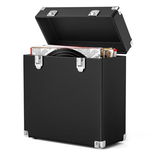Vinyl Record Storage Box, Waterproof and Dustproof Portable LP Display Box, Can Hold 50 7/10/12 Inch Record Boxes, Soft Felt Lining Can Better Protect Records, Suitable for Music Collector（Black）