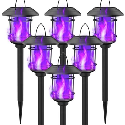Dynaming 6 Pack Christmas Solar Flame Garden Lights Outdoor, Dual Use Flickering Flame Torch Candy Cane Pathway Marker, Xmas Hanging Lantern Lights, Waterproof & Auto On/Off for Patio Walkway Driveway