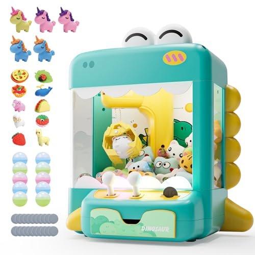 Skirfy Dinosuar Claw Machine, Mini Vending Machine with Lights & Music, Adjustable Sound, Candy and Electronic Prize Dispenser, Includes 45 Toys, Candy and Birthday Gift for Kids Boys