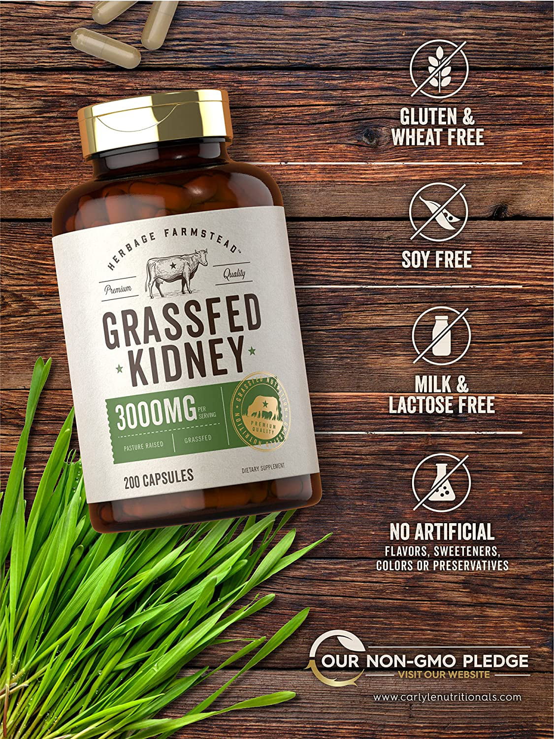 Grassfed Beef Kidney | 3000mg | 200 Capsules | by Herbage Farmstead