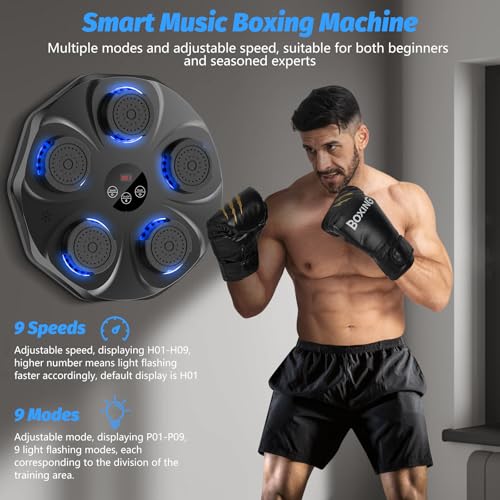 Music Boxing Machine, Interactive Punching Trainer with Boxing Gloves, Large Size Wall Mounted Electronic Boxing Target for Adults Kids, 9 Modes & 9 Speeds