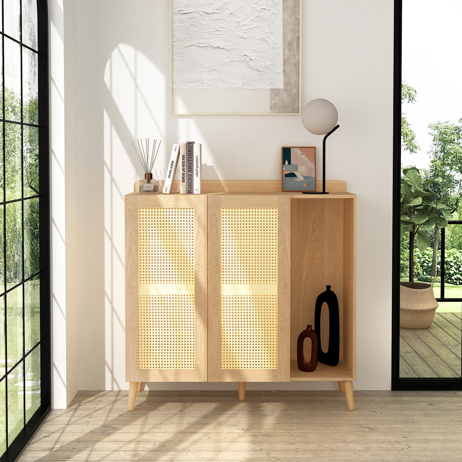 Homy Casa Accent Buffet Sideboard Cabinets with Adjustable Shelf Natural Rattan Doors Entryway Chest Console Table, Oak