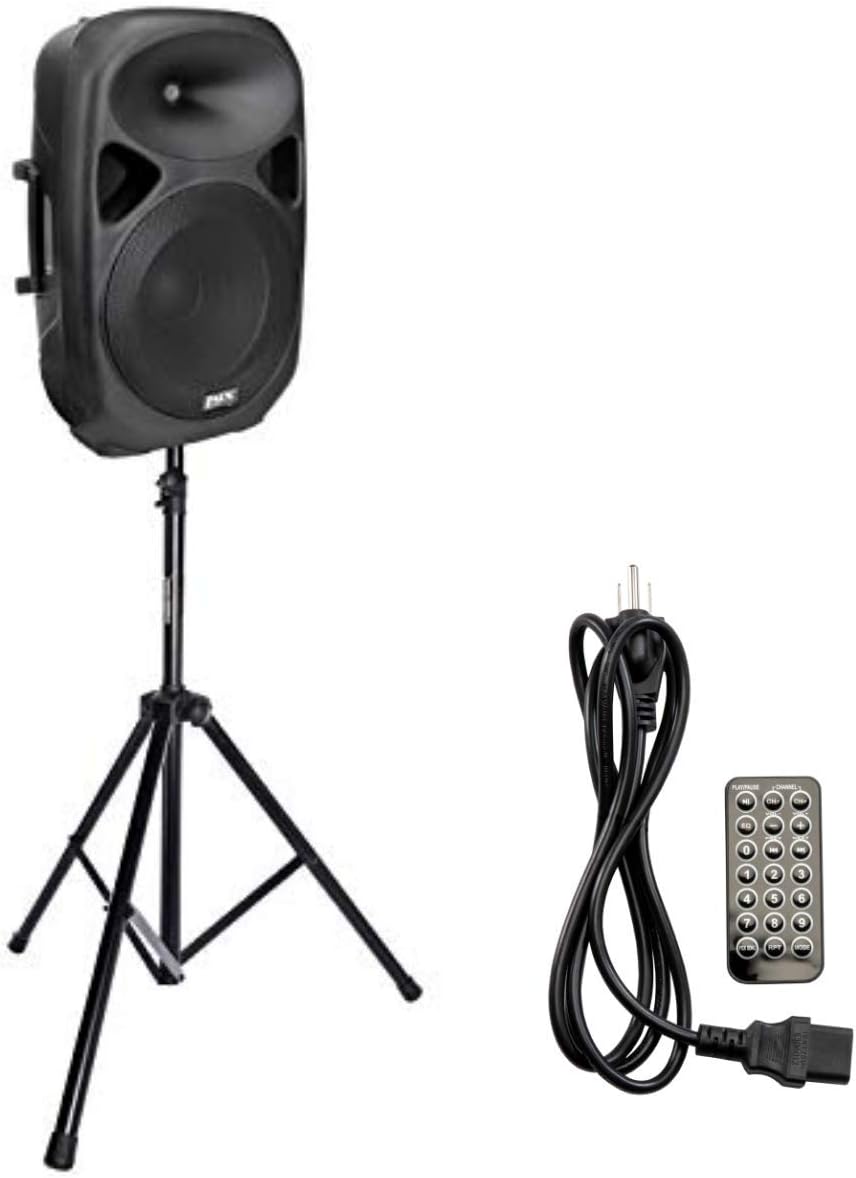 LyxPro SPA15 15 Portable PA Speaker System With Metal Tripod Stand Combo Kit Power Active Power Amplifier Equalizer Bluetooth SD Slot USB MP3 XLR 1/4 1/8 3.5mm Inputs Remote Control Carry Handles