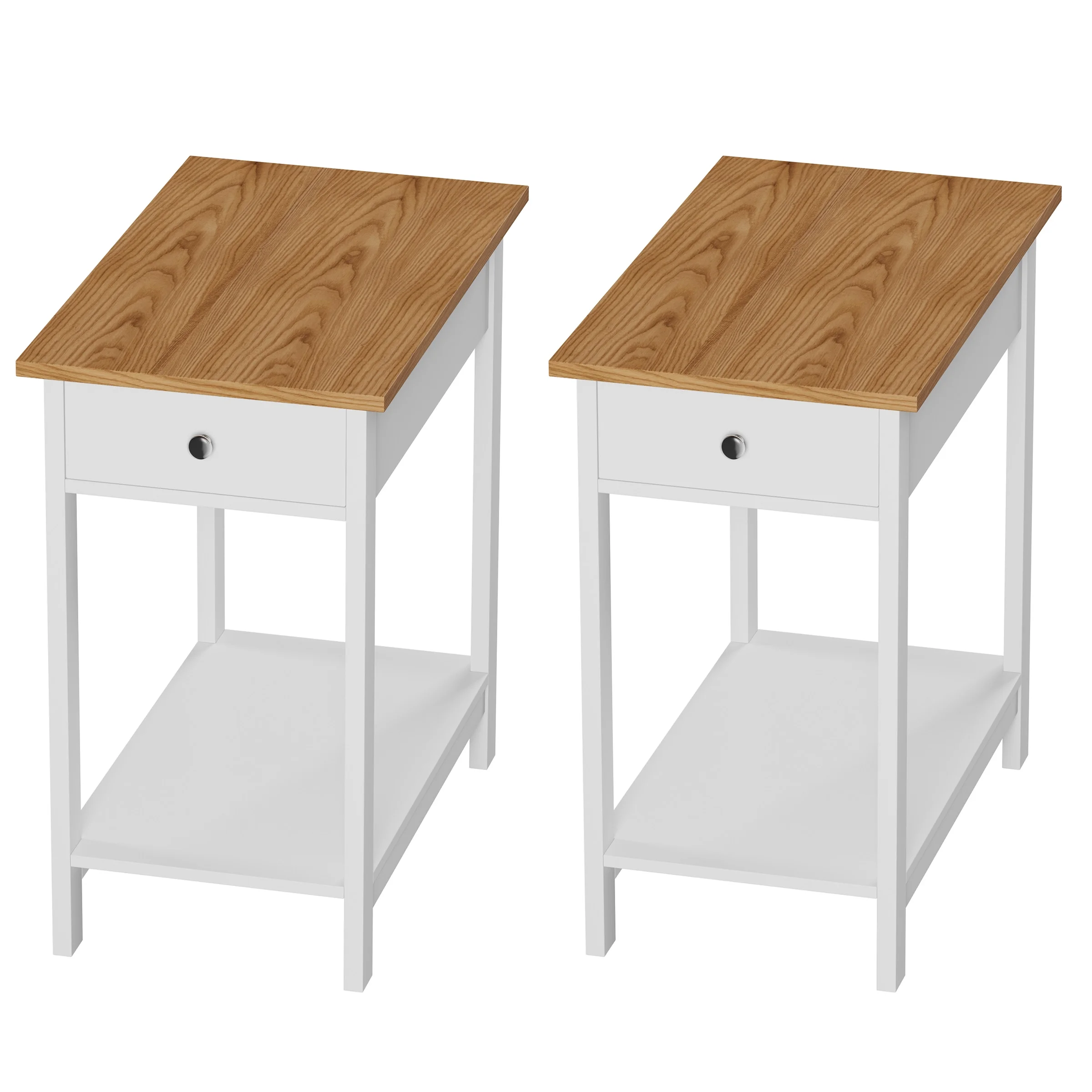 Lavish Home 2-Toned Slim End Table with Drawer and Storage Shelf, White and Oak, Set of 2