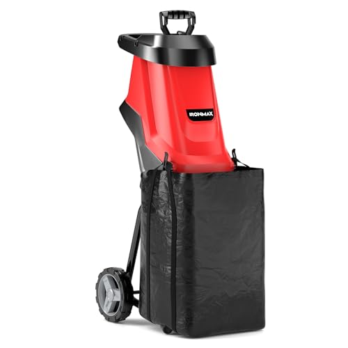 15 Amp Electric Wood Chipper Shredder, Corded Leaf Mulcher Shredder with Plunger, Collection Bag & 15:1 Reduction, Garden Shredder with Wheels for Branches, Leaves, Waste(Red)