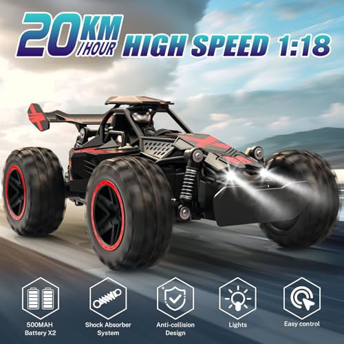 ACAMMZAR Remote Control Car, 1:18 High Speed RC Car for Kids, 20KM/H Monster RC Truck Off Road with Lights Toys for Boys, Green