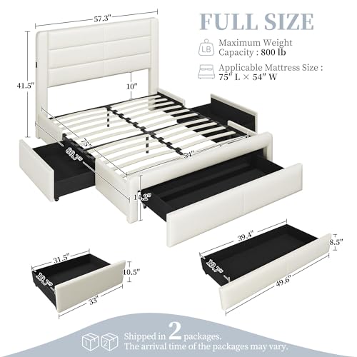 Yaheetech Queen Bed Frame with 2 USB Charging Stations/Port for Type A&Type C/3 Storage Drawers,Leather Upholstered Platform Bed with Headboard/Solid Wood Slat Support/No Box Spring Needed/Amber Brown