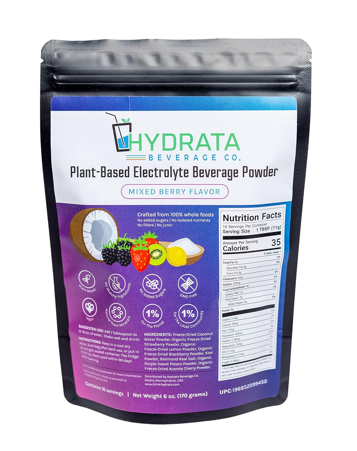 Electrolyte Beverage Powder - Mixed Berry Flavor- 16 serving pouch (170 grams) - 100% Whole-Food Hydration