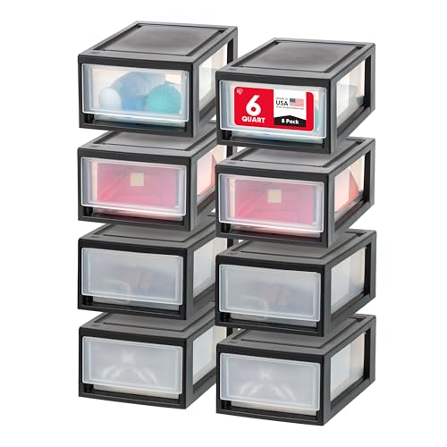IRIS USA 6 Qt. Plastic Drawer Storage Organizer Stacking Drawers, 4-Pack, Stackable Unit with Sliding Drawer for Clothes Bedroom Kitchen Under Sink Pantry Craft Room Bathroom Dorm Office, Black