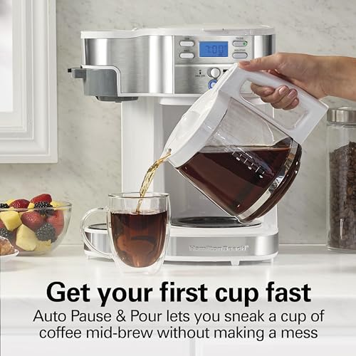 Hamilton Beach 49933 2-Way 12 Cup Programmable Drip Coffee Maker & Single Serve Machine, Glass Carafe, Auto Pause and Pour, White