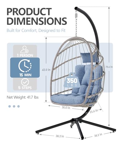 SWITTE Egg Chair Outdoor with Stand, Indoor Wicker Hanging Egg Swing Chair with Cushion, 350lbs Capacity for Patio, Bedroom, Garden - Gray