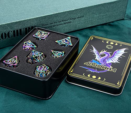 ARUOHHA Hollow DND Metal Dice Set with Gift Box, Dungeons and Dragons D&D Dice 7 PCS Silver Polyhedral Dice Sets RPG Role Playing Games Custom D and D Dice Set D20 D12 D10 D8 D6 D4