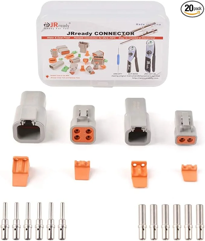 JRready ST6139 DTP Connector Kit 2 4 Pin Gray IP67 Waterproof Electrical Connectors Plug with 6 Pairs Barrel Style Solid Terminals Pin Sockets Current Rating 25 Amps(Size 12/Wire Range 14-12 AWG)