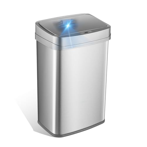 NINESTARS 13 Gallon Odor Neutralizing Smart Trash Can, UV + Ozone Dual Purification, Odor Control Motion Sensor Garbage Bin, Universal Power Adapter, ONT-50-81SL Stainless Steel, Silver, Nova Series