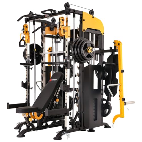 Altas Strength Smith Machine with Lever Arms Pulley Ratio 2:1 Squat Rack Pull Up Bar Upper Body Strength Training Leg Developer Light Commercial Home Gym Strength Training 3061B