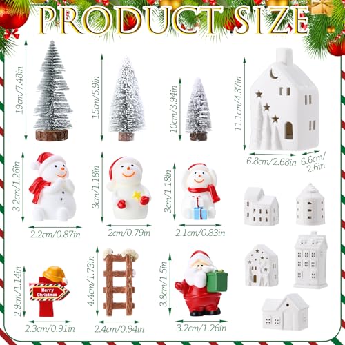 Vinsot 16 Pcs LED Ceramic Christmas Village Set 6 Light up Christmas Village Houses 6 Snowman Santa Figurines, 4 Snow Trimmed Trees with Lamp Post Scenes Porcelain Figurine Tabletop Decor (Classic)
