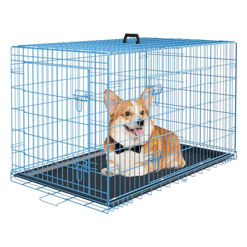 PayLessHere Large Dog Crate Kennel for Medium Large Dogs Metal Dog Cage Double-Door Folding Travel Indoor Outdoor Puppy Playpen with Divider and Handle Plastic Tray (42 Inch, Black)