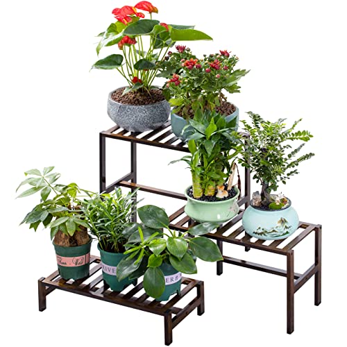 YONGZHAO Bamboo 3-Tier Ladder Plant Stand, Planter Holder Flower Pot Display Shelf, Freestanding Plants Rack for Home Garden Patio Balcony Indoor Outdoor
