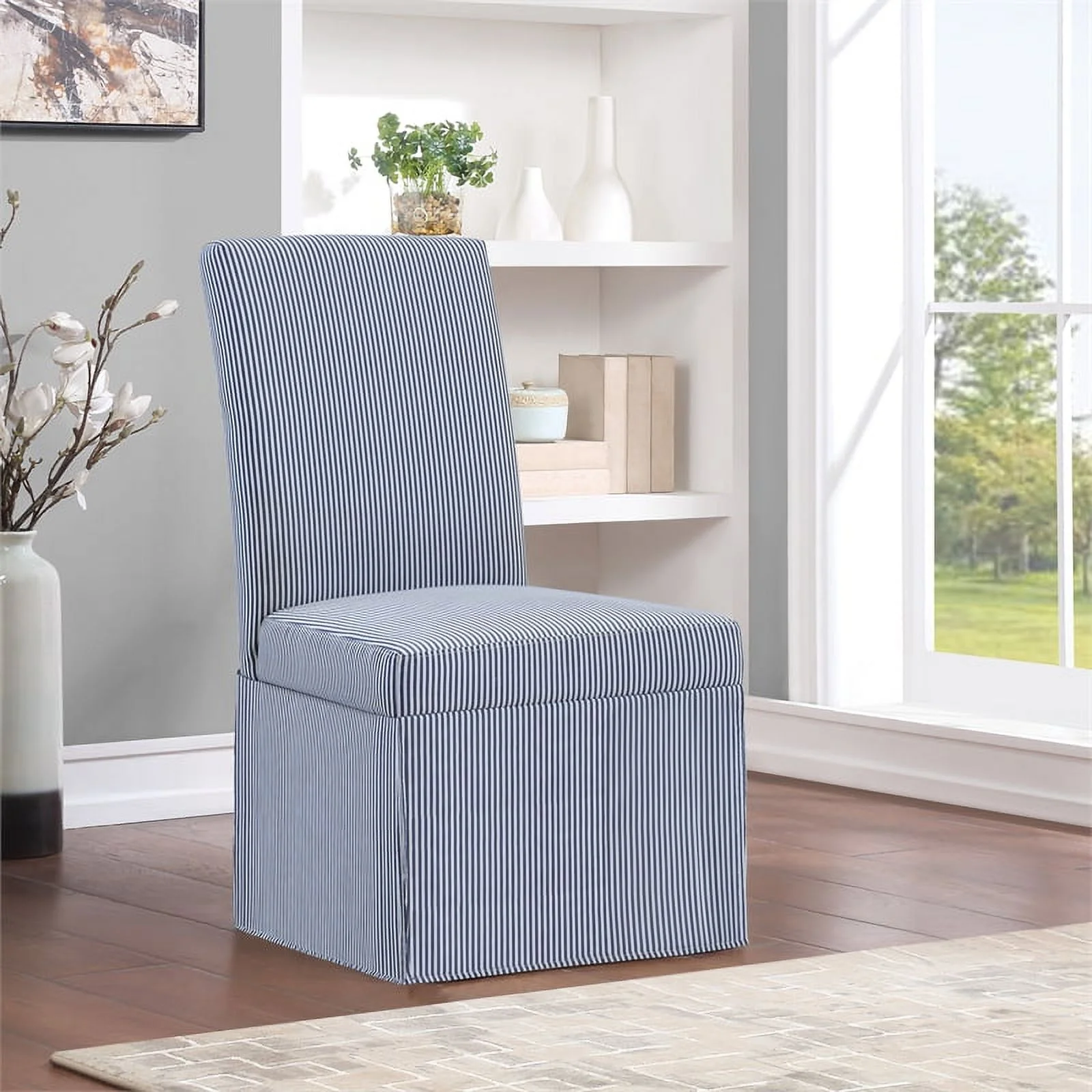 Adalynn Slipcover Dining Chair 2 Pack in Navy Stripe Fabric