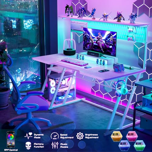 Armocity Gaming Computer Desk with Shelves and Outlets, Gaming Desk with Hutch and LED Lights, Reversible PC Gaming Desks with Pegboard, Carbon Fiber Black 47''