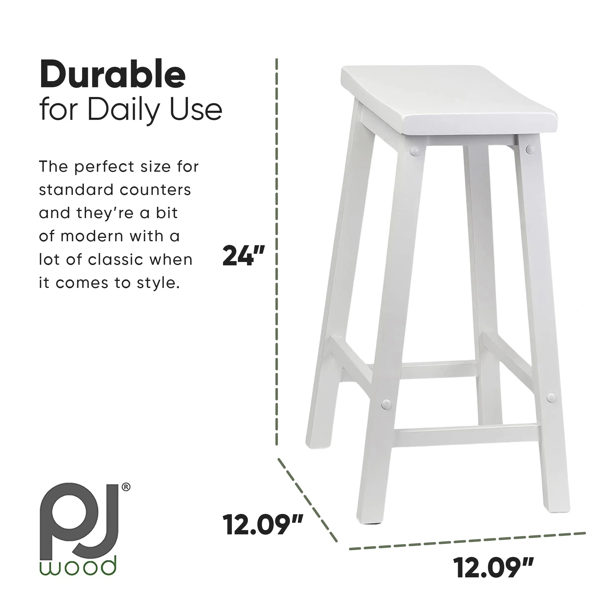 PJ Wood Classic Saddle-Seat 24In Kitchen Counter Stools, White, Set of 2