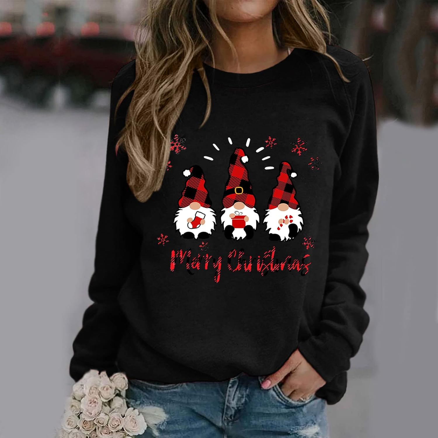 Women's Cute Christmas Sweater Sweatshirt Plus Size Crewneck Ugly Christmas Plaid Gnome Printed Pullover Shirt Long Sleeve Fuzzy Xmas Tops Cute Sweatshirts Black XL