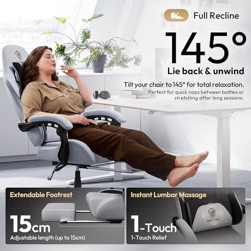 Dowinx Gaming Chair Fabric with Pocket Spring Cushion, Massage Game Chair Cloth with Headrest, Ergonomic Computer Chair with Footrest 290LBS, Black Green