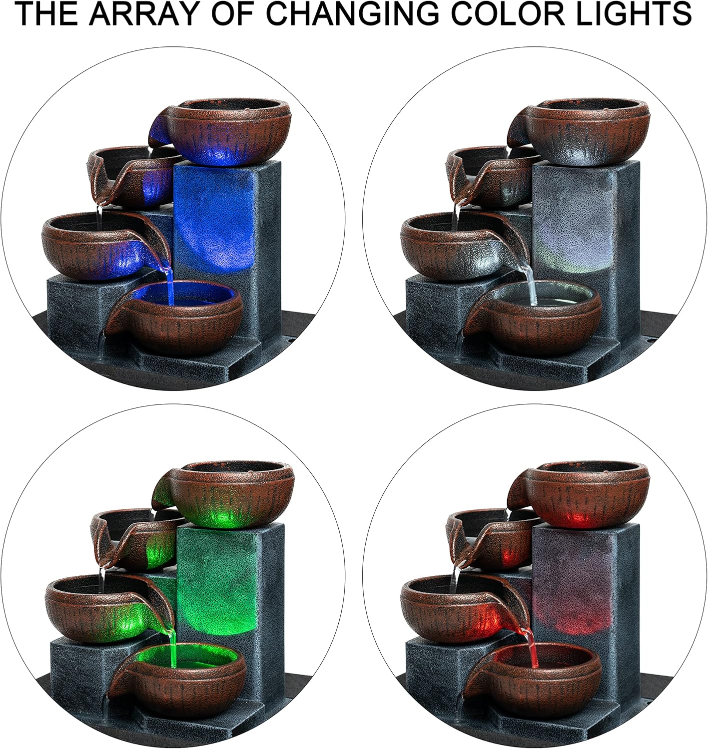 Small indoor Waterfall fountain-Tabletop fountain 4 level-Indoor desktop Fountain with audible calming waterfall sounds for Feng Shui effect-cascading LED color lighting