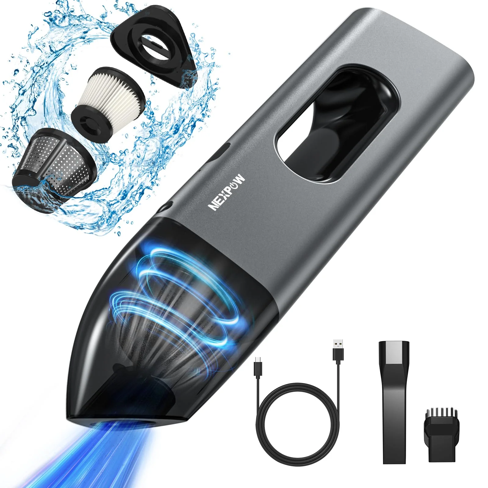 NEXPOW Car Vacuum,Portable Car Vacuum Cleaner High Power 8000PA,Compact Hand Vacuum Cordless Rechargeable in Gray Aluminum Alloy,Mini Hand Vacuum with Dual Filter,for Car Front and Rear Seats