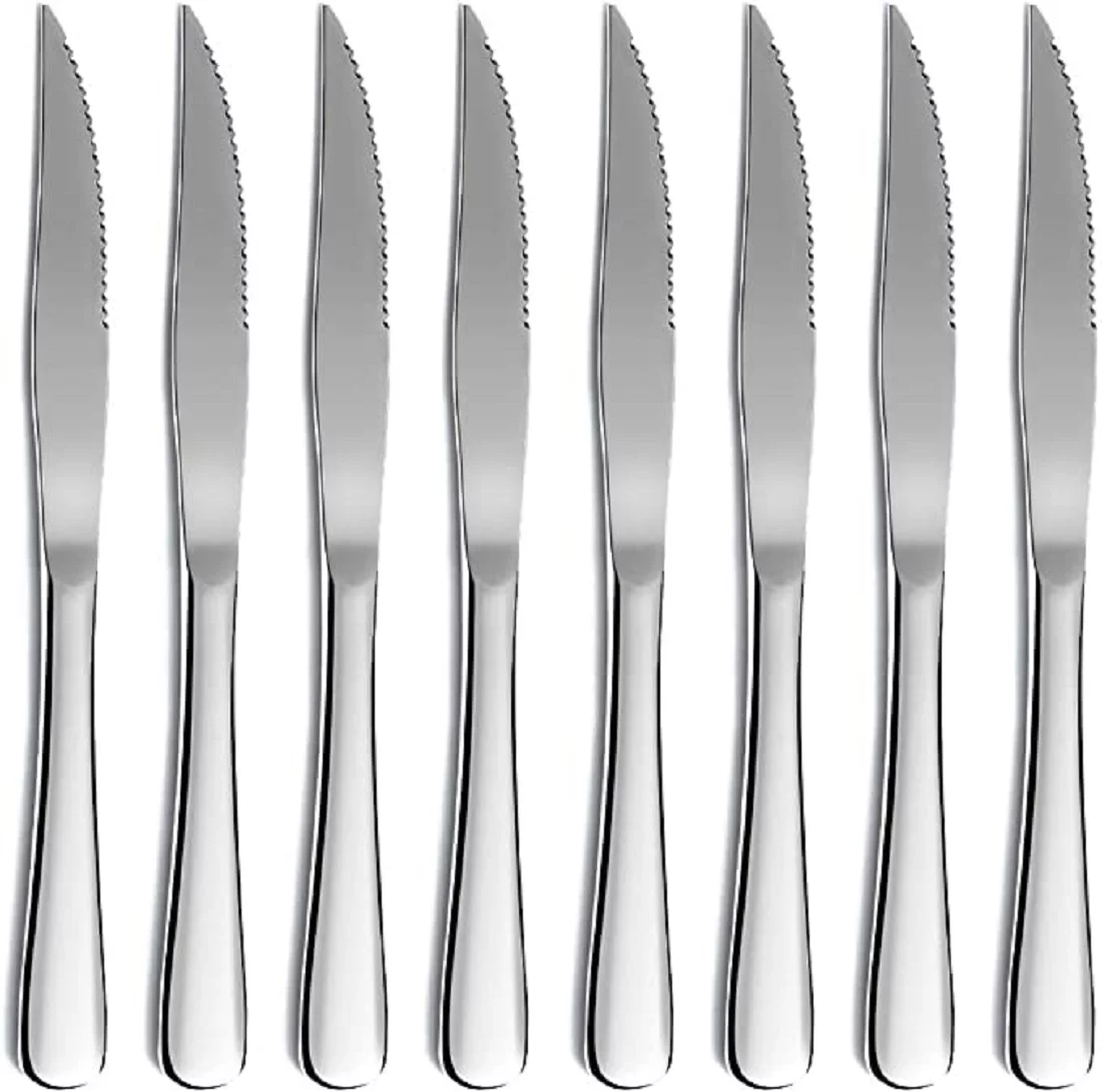Steak Knife Set of 8, Stainless Steel Serrated Blades, Premium Kitchen Steak Knife Set with silver Handles