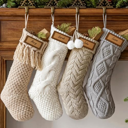 Personalized Knitted Christmas Stockings: 4 Pack 18 Inch Cable Knit Christmas Stockings, Cozy Hanging Xmas Stockings Boho Farmhouse Decorations for Family Holiday Décor, White Gray Beige