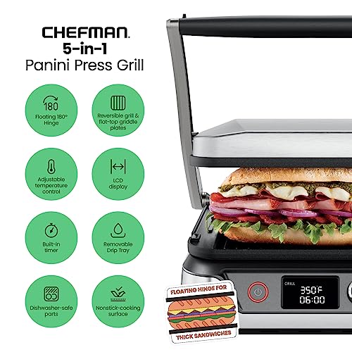 Chefman Panini Press Grill and Gourmet Sandwich Maker Non-Stick Coated Plates, Opens 180 Degrees to Fit Any Type or Size of Food, Stainless Steel Surface and Removable Drip Tray, 4 Slice, Black