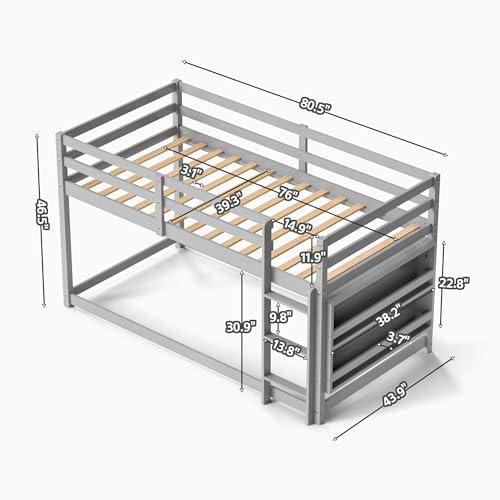 Low Bunk Bed Twin Over Twin, Floor Bunk Bed with Bookshelf&Ladder, Twin Bunk Bed with Full Guardrails, Wooden Bunk Bed for Juniors, Boys, Girls, Kids, Bedrooms (Grey)