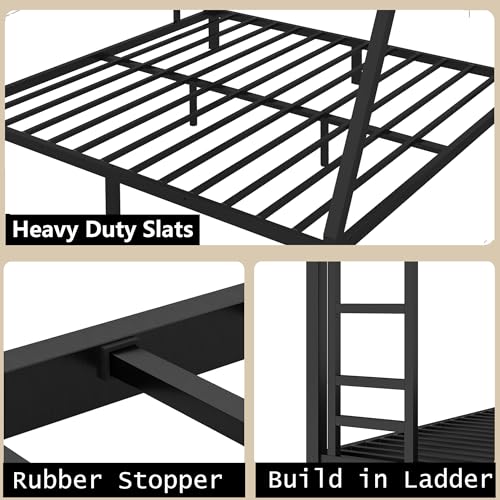 Heavy Duty Bunk Bed Frame with Ladder, Twin XL Over Twin XL Bunk Beds with Safety Guardrails, Adults Bunk Beds with Noise-Reducing Rubber Stoppers, Easy Assemble, Black