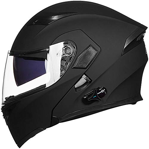ILM Bluetooth Motorcycle Helmet Modular Flip up Full Face Dual Visor Mp3 Intercom FM Radio DOT Model 902BT(Matte Black, Large)
