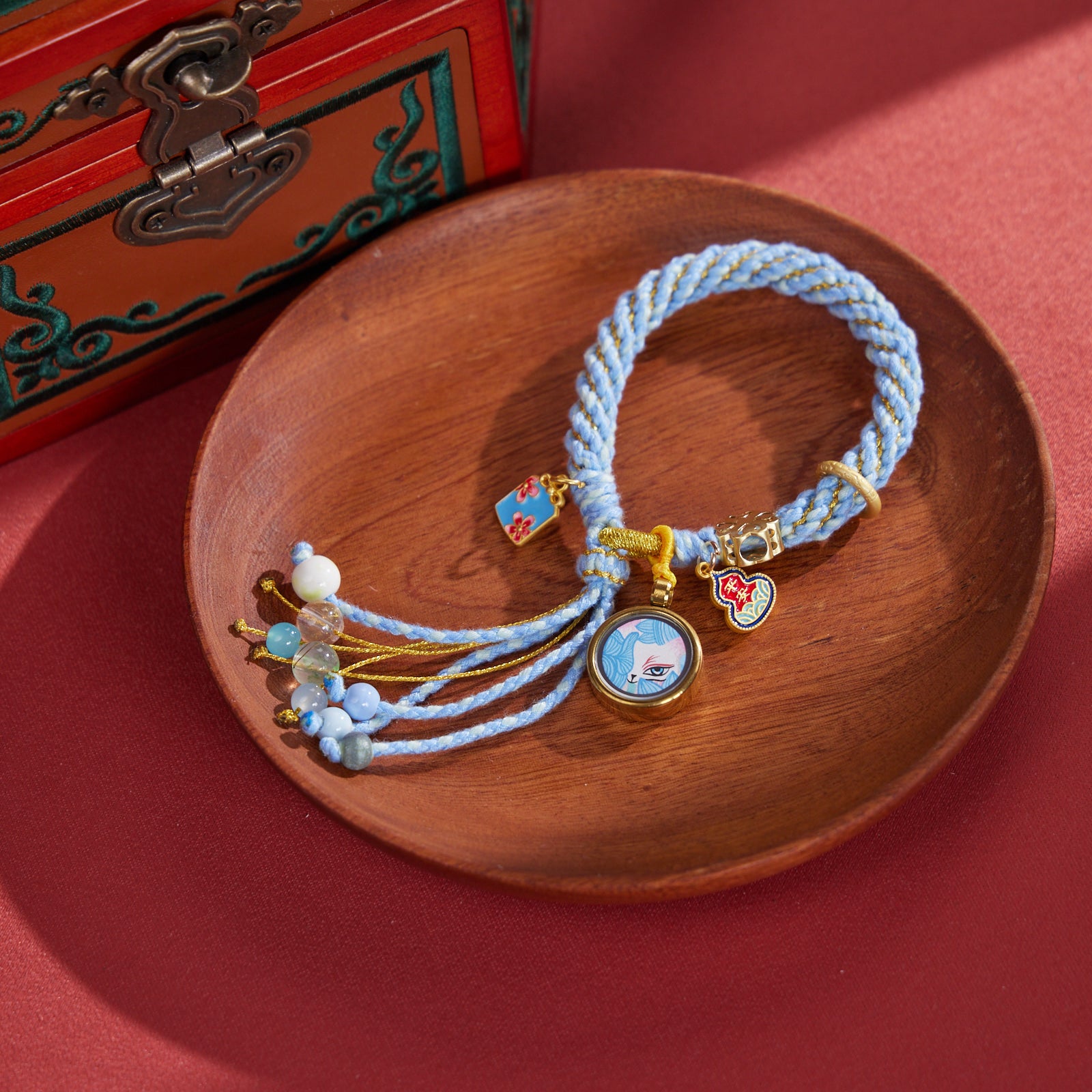 Fox Spirit with Azure Blue Braided Cord Thangka Bracelet