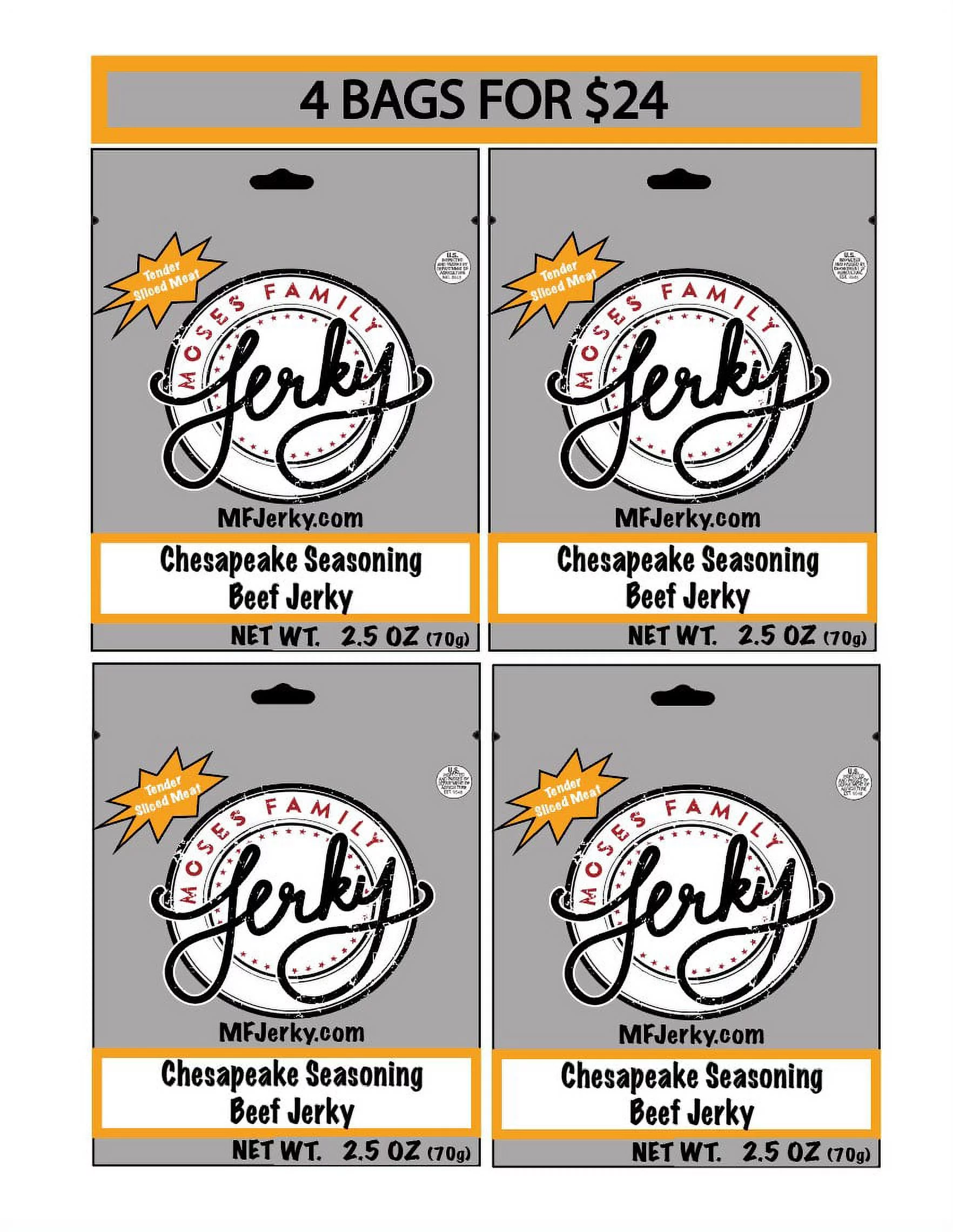 Moses Family Jerky, Old Chesapeake Bay Seasoning Beef Jerky, 2.5 Ounce (Pack of 4), Tender Sliced Meat