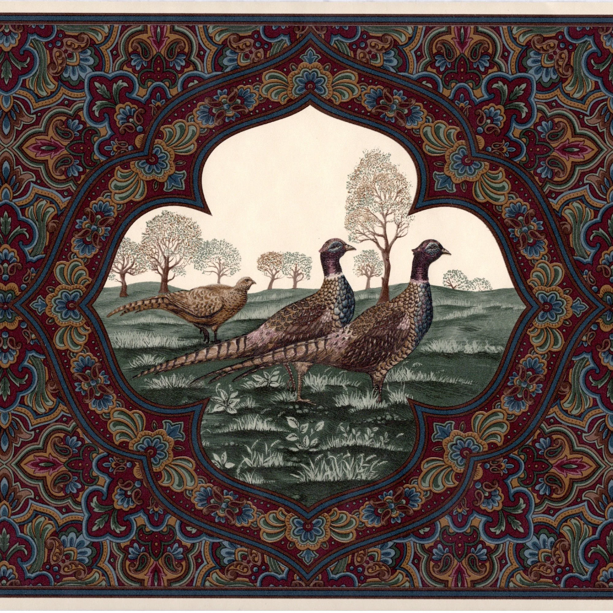 Trimz Vintage Paisley Pheasants Wallpaper Border, Dark burgundy, Green, Blue, Brown, 15' L x 10.25