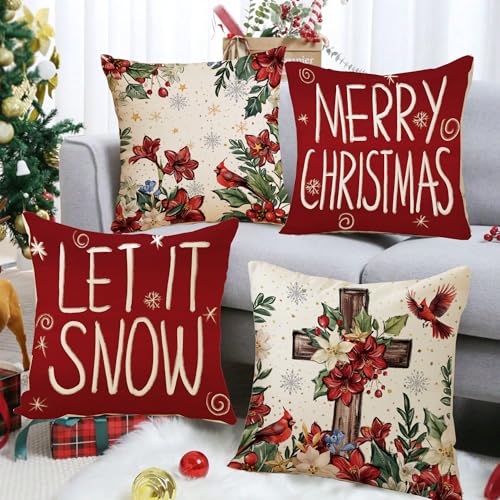 Christmas Red Peru Amaryllis Pillow Covers Let It Snow 20 x 20 Inch Throw Pillows, Merry Christmas Cardinal Cross Seasonal Decorative Farmhouse Cushion Case for Sofa Couch Set of 4
