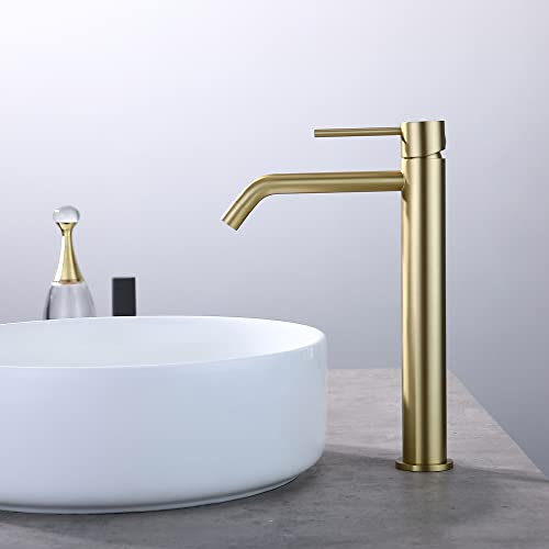 Brushed Gold Vessel Sink Faucet with Pop Up Drain and Supply Lines, Stainless Steel Gold Vanity Faucet Single Hole, JXMMP Single Handle Bathroom Faucet Gold, JXM1001BG