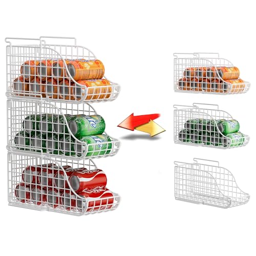Standing Can Dispenser Bin 3-Pack, Stackable Beverage Drink Pop Soda Can Storage Organizer Basket with Handles, Foldable Canned Food Holder for Kitchen Pantry Countertop Cabinet Patent Pending