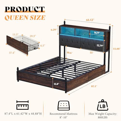 AMERLIFE Full Size Bed Frame with Bookcase Headboard, 4 Storage Drawers, Wooden Platform Bed with Charging Station & LED Light, No Box Spring Needed, Noise-Free, Rustic Brown