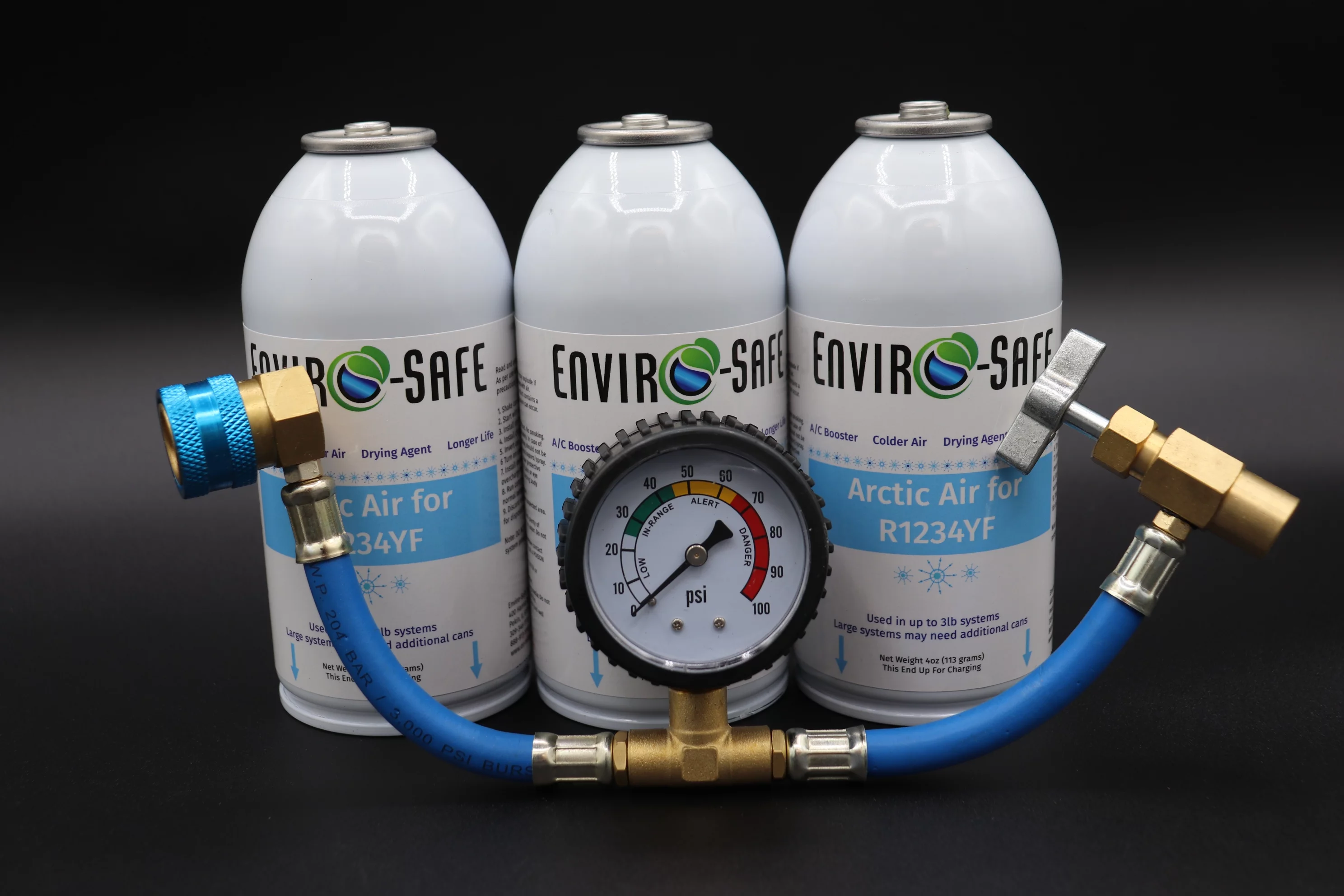 Envirosafe Arctic Air for R1234yf Systems, R-1234yf, 3 Cans and Premium Brass Gauge