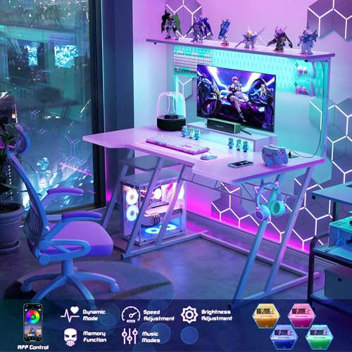 Armocity Gaming Computer Desk with Shelves and Outlets, Gaming Desk with Hutch and LED Lights, Reversible PC Gaming Desks with Pegboard, Carbon Fiber Black 47''