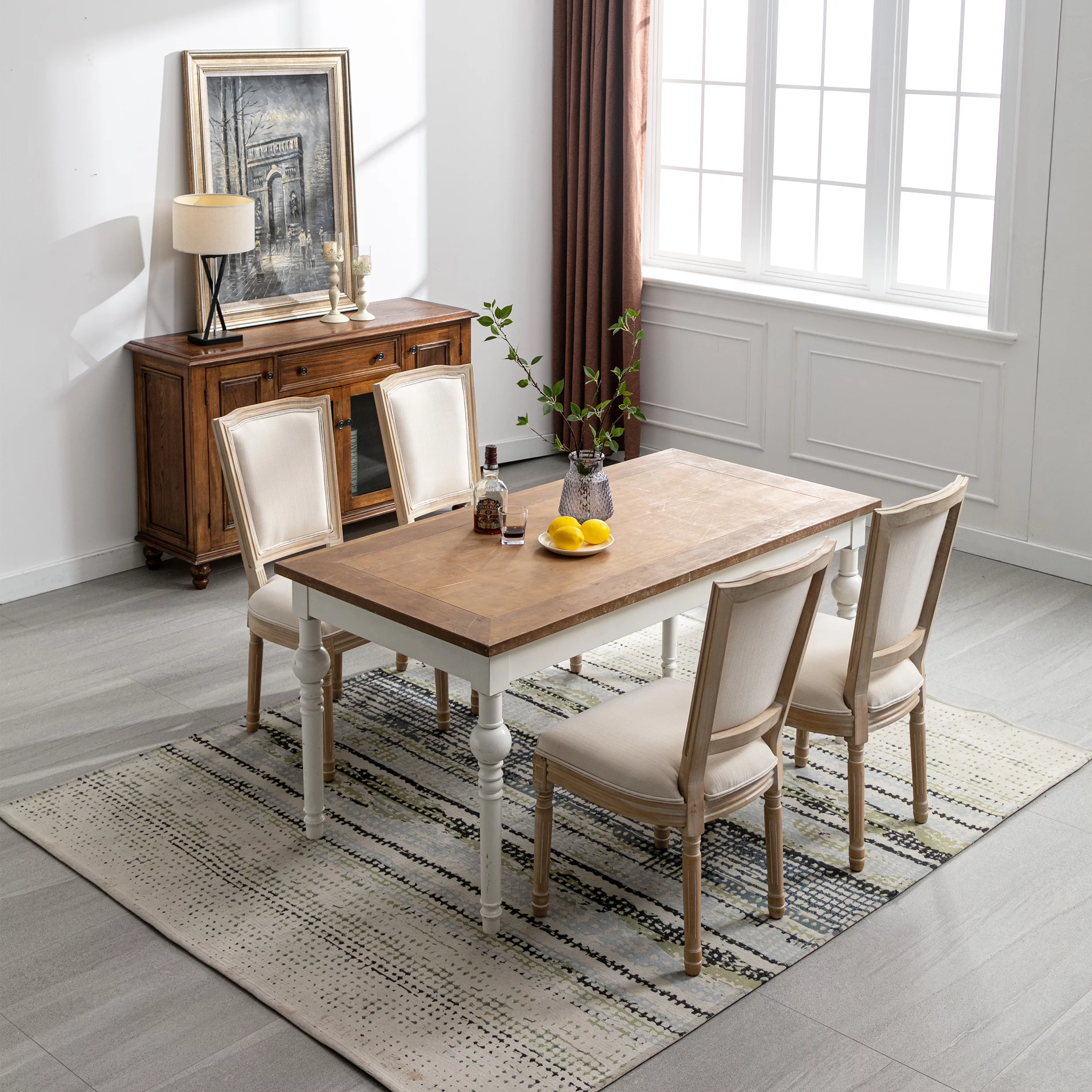 CoSoTower French Style Solid Wood Frame Antique Painting Linen Fabric Square Rattan Back Dining Chair, Set Of 2, Cream