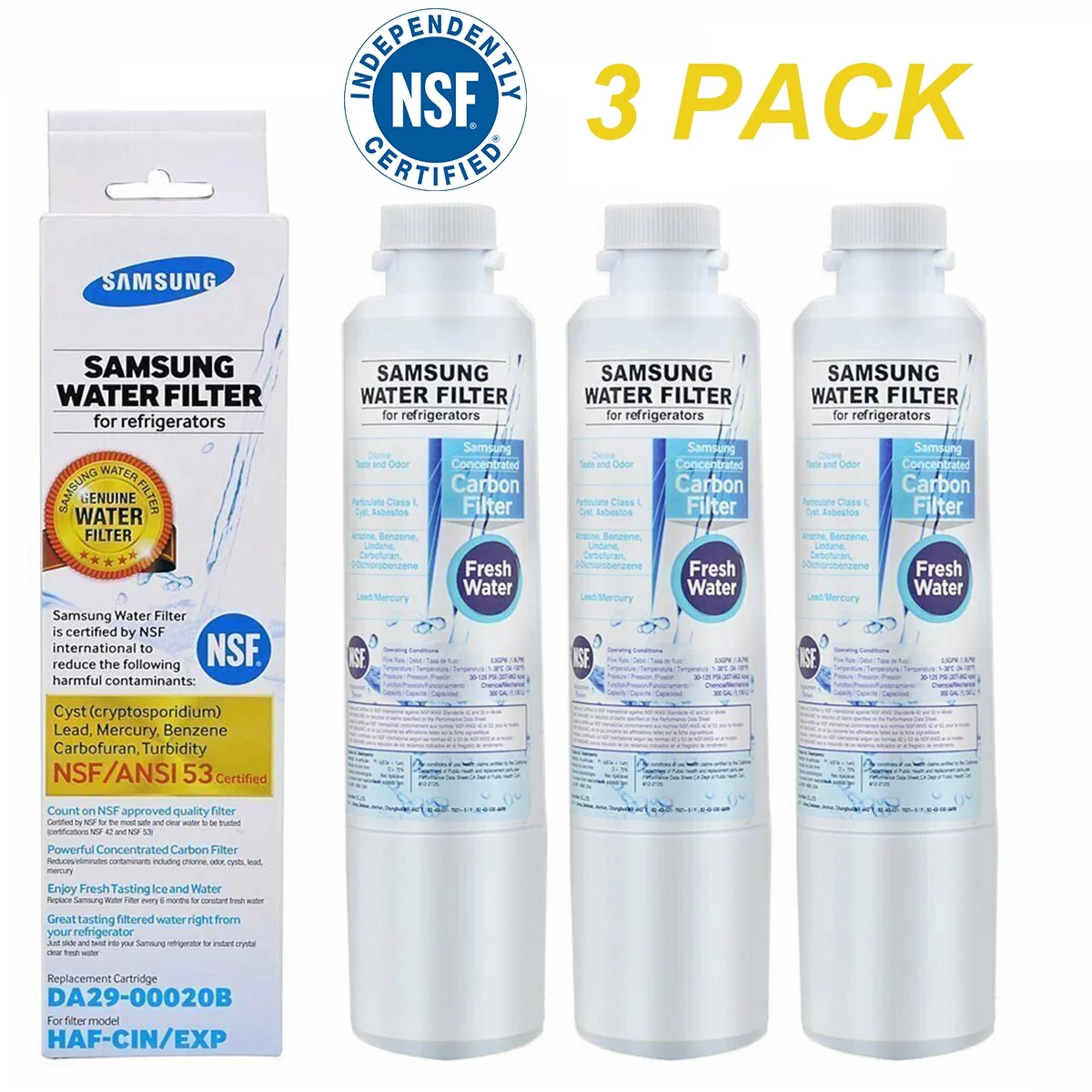DA29-00020B Refrigerator Water Filter, Replacement for Samsung DA29-00020B, HAF-CIN/EXP, Pack of 3